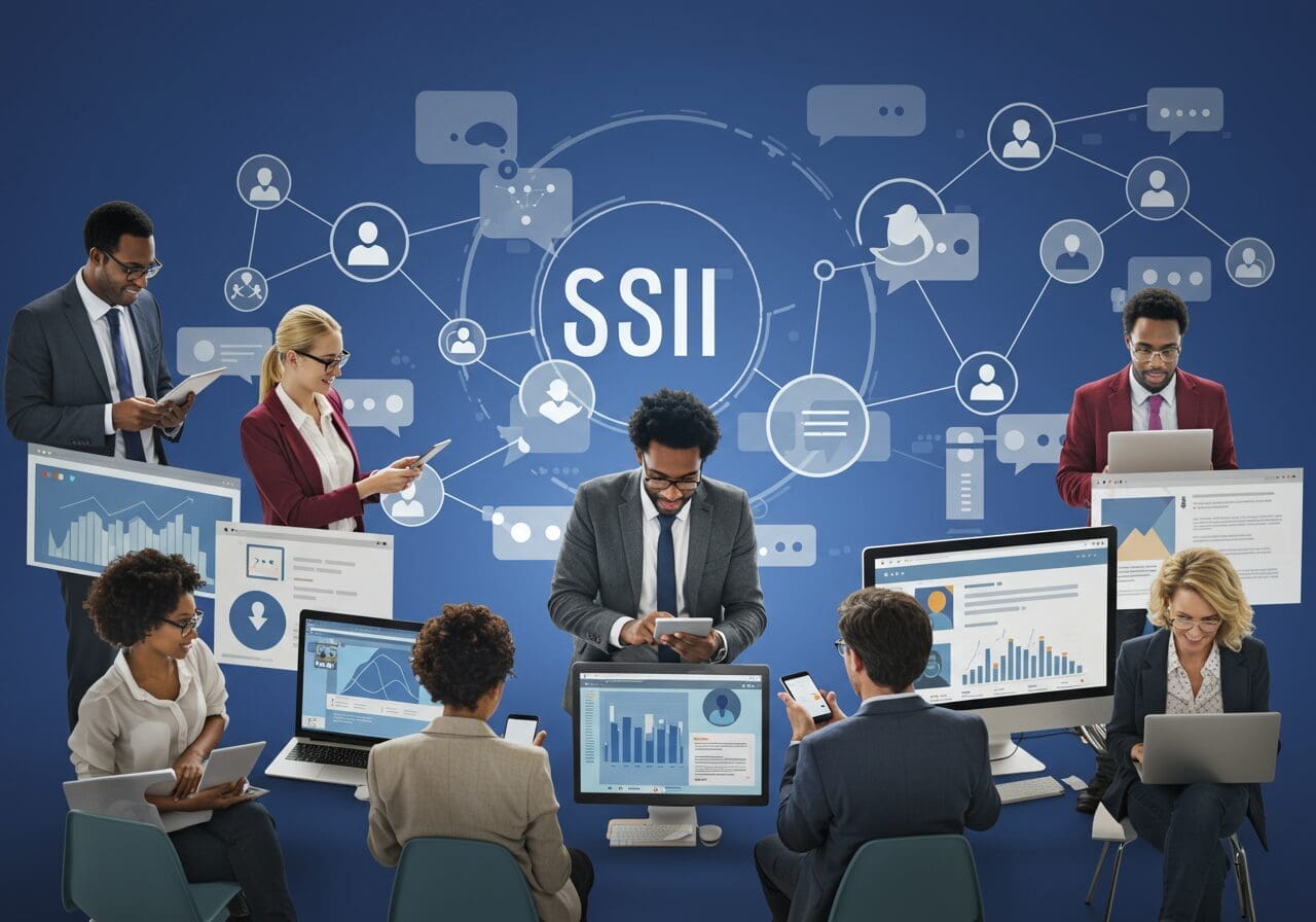AI generated an image that vividly illustrates a diverse group of professionals engaging with a vibrant social media platform. Show individuals of various backgrounds interacting on their devices, sharing ideas, and collaborating in a virtual community space. Include visual elements of digital networking, such as chat bubbles, connection symbols, and highlighted audience demographics on screens. Evoke a sense of energy and purpose, emphasizing the emotional connection and empowerment that comes from effectively reaching and engaging with a target audience through social media. The atmosphere should balance professionalism with modern digital interactions, conveying innovation and collaboration at the heart of business networking.