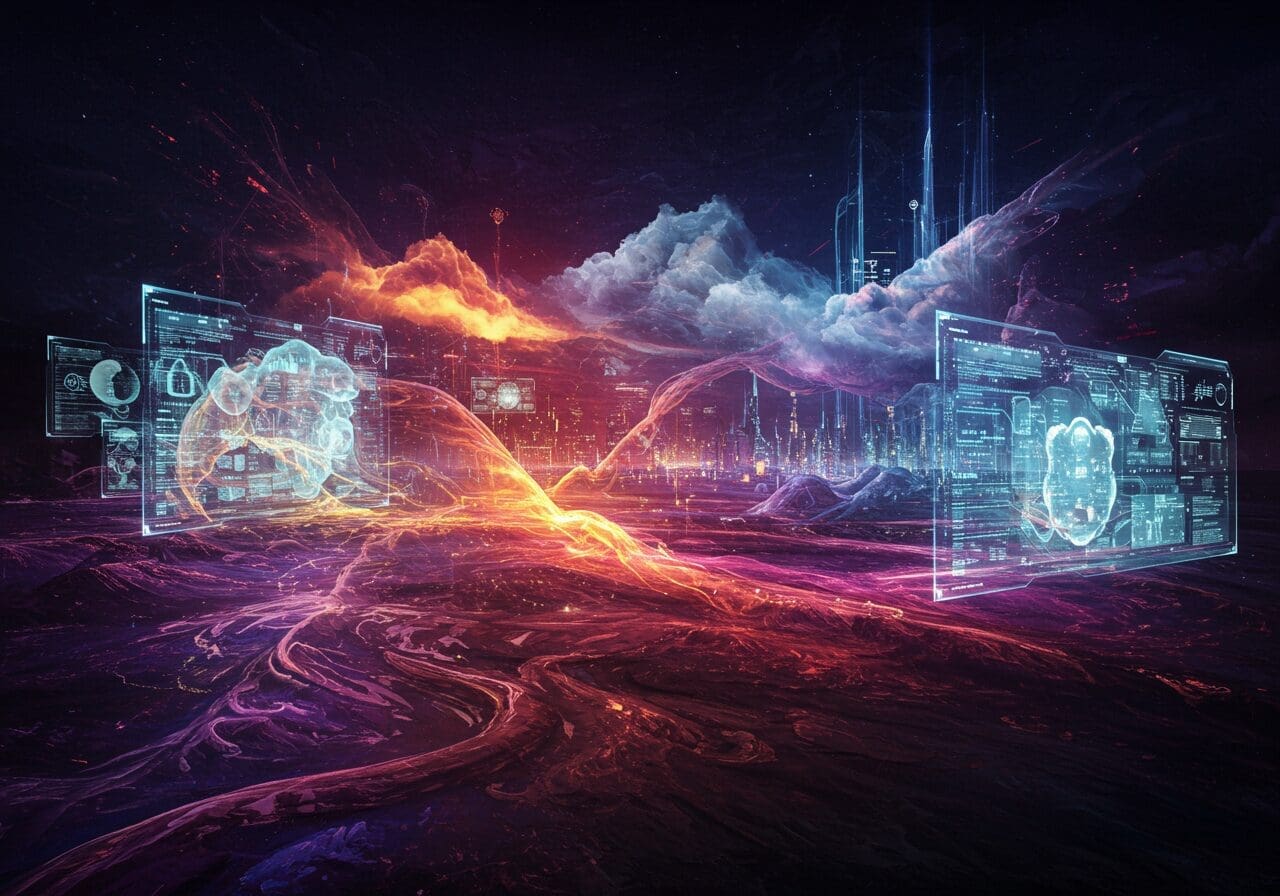 AI generated a captivating image of an ever-changing digital landscape that blends futuristic cityscapes with organic, flowing forms. Incorporate vibrant neon colors and dynamic elements, such as billowing clouds of data and twisting structures that appear to morph and transform before the viewer's eyes. Include digital interfaces with holographic displays, reflecting the fluidity of technology and nature. Highlight a sense of motion and evolution within the scene, suggesting a constant cycle of innovation and adaptation. Evoke a feeling of wonder and excitement as the digital world thrives and redefines itself, inviting viewers to explore the limitless possibilities of this virtual realm.